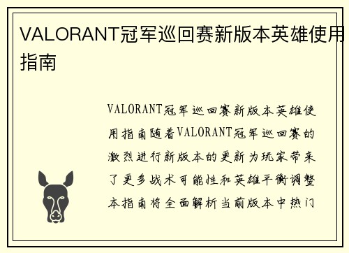 VALORANT冠军巡回赛新版本英雄使用指南